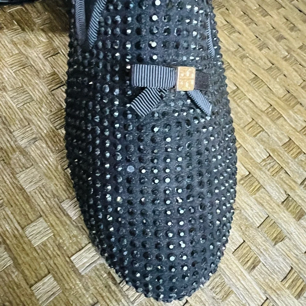 Tory Burch Black Studded Loafers with Gold Bow